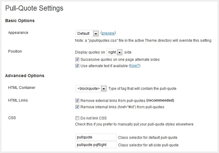 Settings des Gracefull Pull Quote Plugins