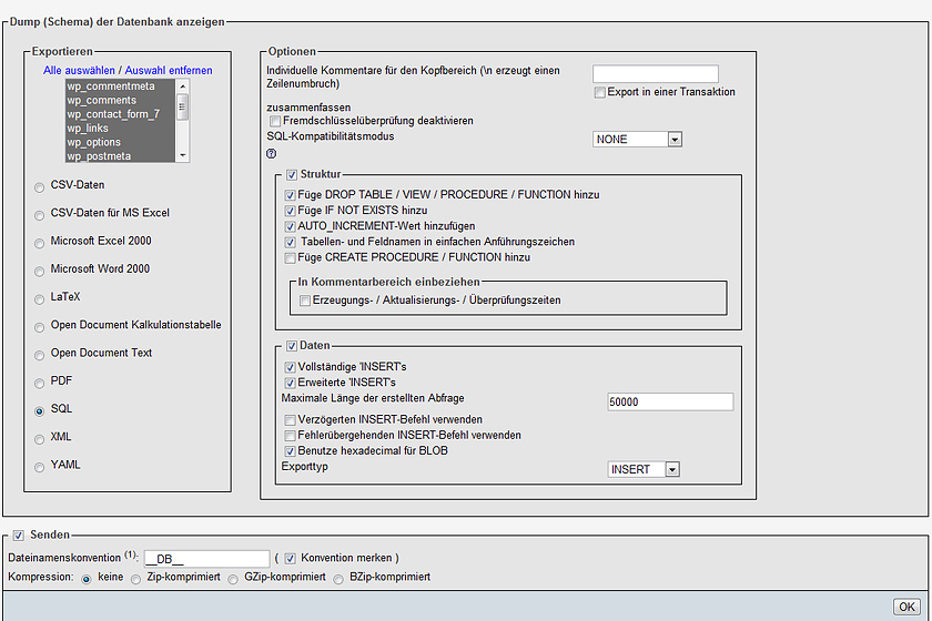 WordPress Datenbank exportieren