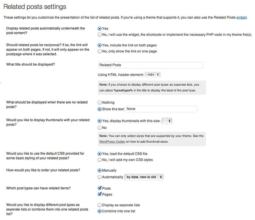 The Related Posts for WordPress plugin settings.