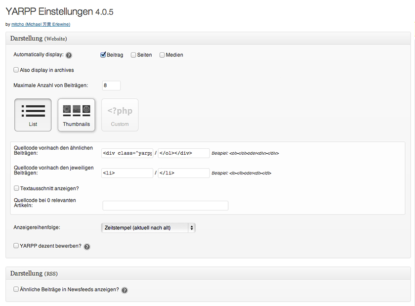 Die Plugin-Einstellungen von YARPP.