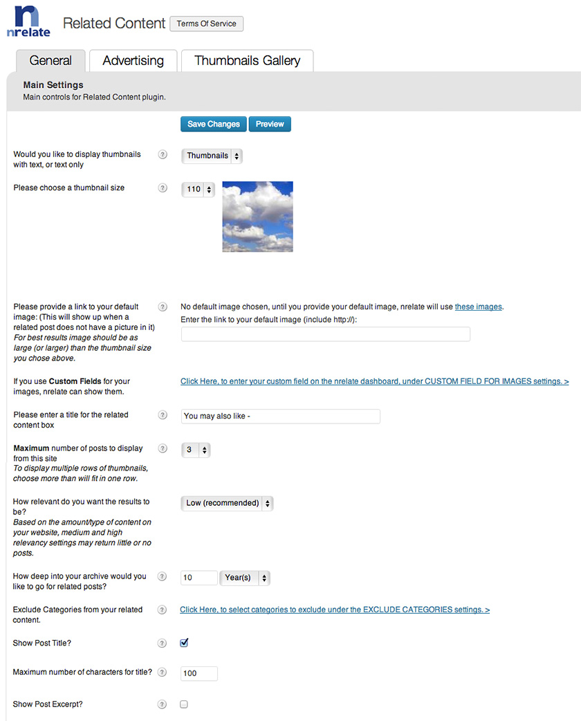 nrelate Related Content plugin settings.