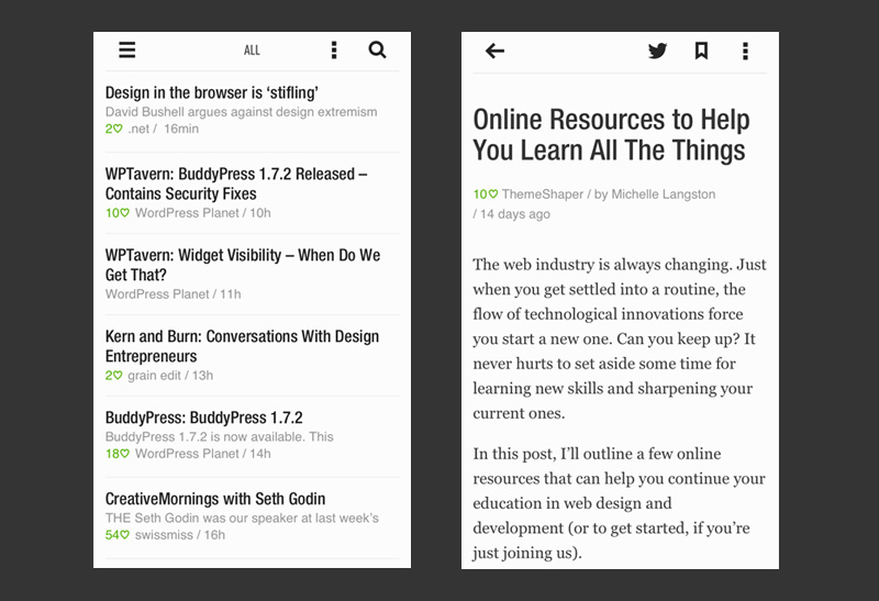 Artikel-Liste ohne Thumbnails in der Feedly App.