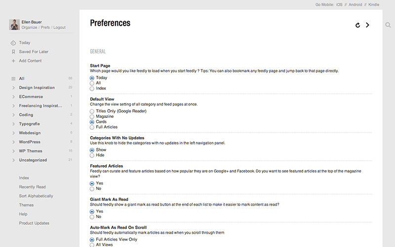 Grund-Einstellungen von Feedly unter Preferences festlegen.