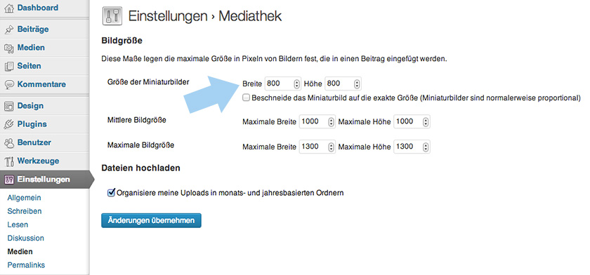 Die Medien-Einstellungen für Thumbnails anpassen.