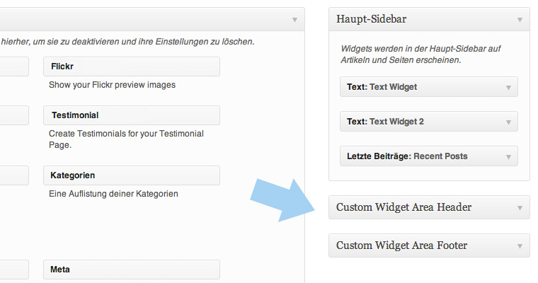Eigene Widget-Bereiche unter Design / Widgets.