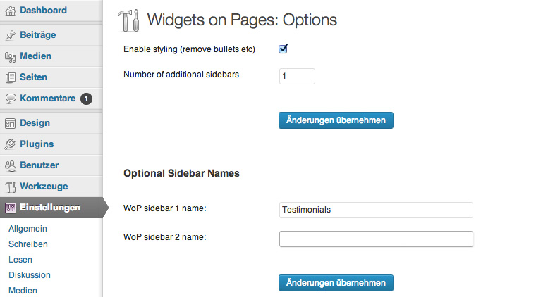 Die Plugin-Einstellungen von Widget on Pages.