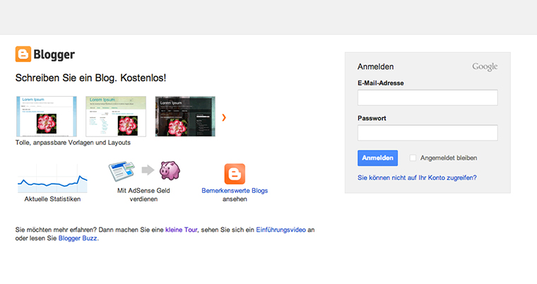 Die Blog-Anmeldung bei Blogger über dein Google-Konto.