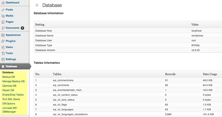 Jede Menge Datenbank Optionen mit dem WP-DBManager Plugin.