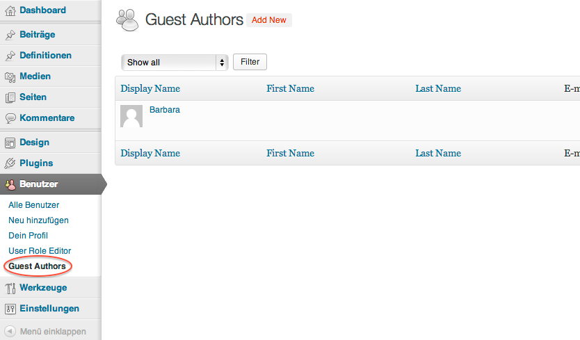 Unter dem Menüpunkt Benutzer kannst du Informationen für Gastautoren hinterlegen.