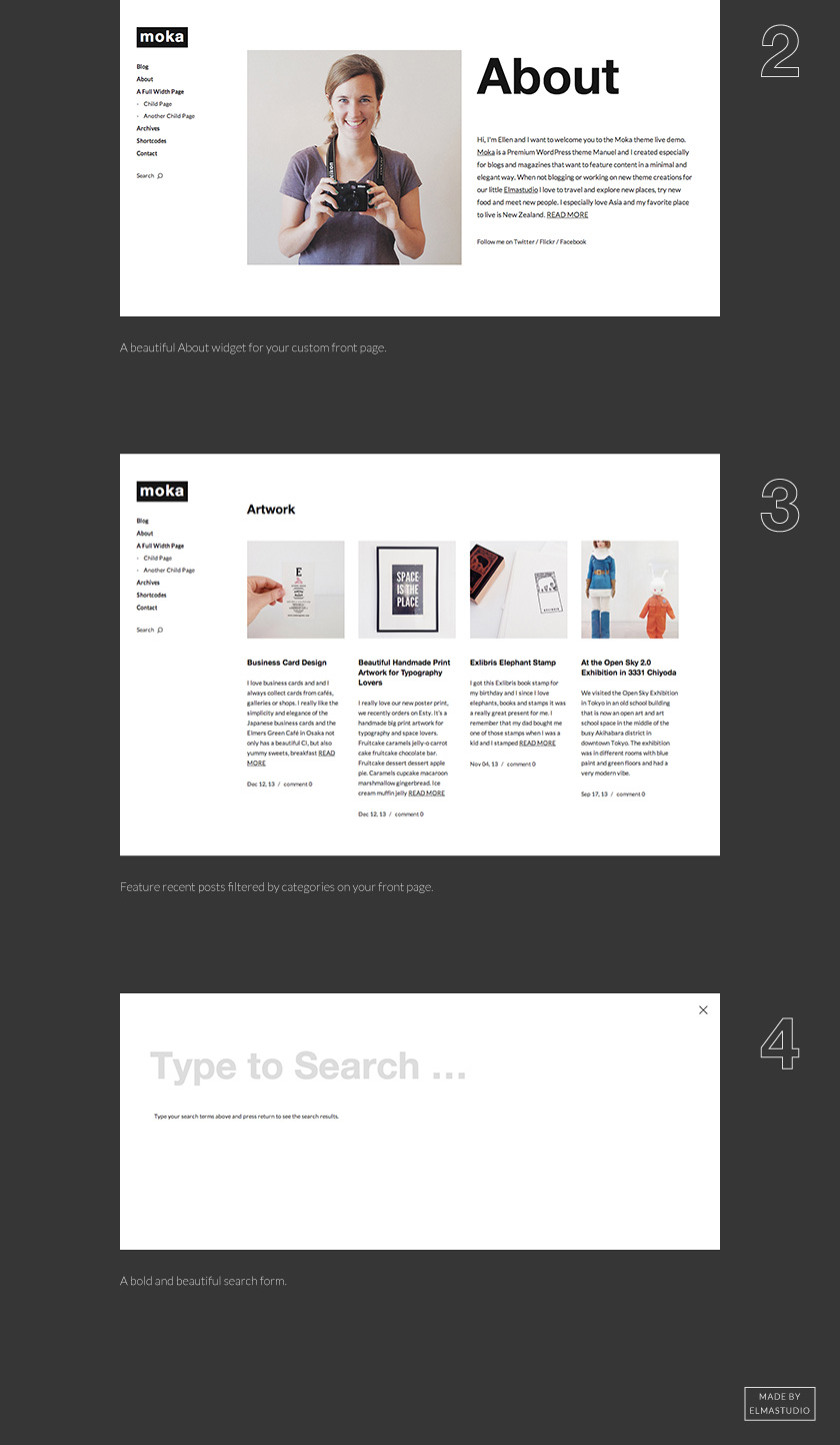 Moka front page widgets and the minimal and bold searchform.