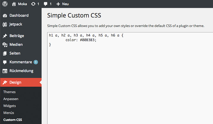 Simple Custom CSS im WordPress Admin-Bereich.