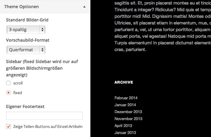 Die Theme-Optionen findest du unter Design / Anpassen im WordPress-Customizer.
