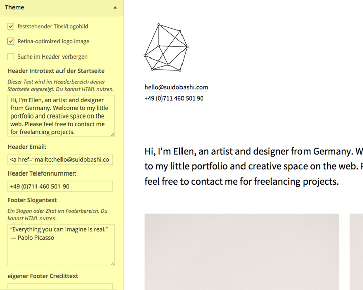 Die Suidobashi Theme-Einstellungen unter Design / Anpassen / Theme.