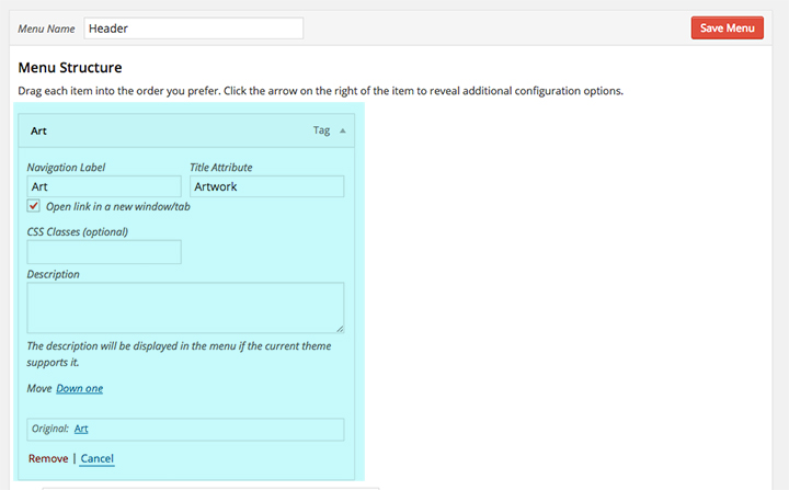 Customize your menu item settings.