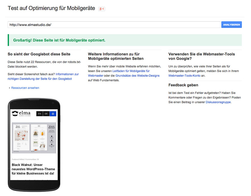 Elmastudio im Google-Test für mobile Geräte optimierte Webseiten.