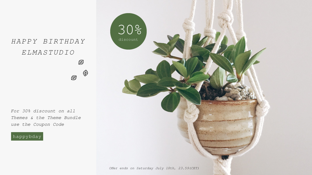 Elmastudio feiert Geburtstag! Mit 30% Rabatt auf alle Themes und das Theme Bundle