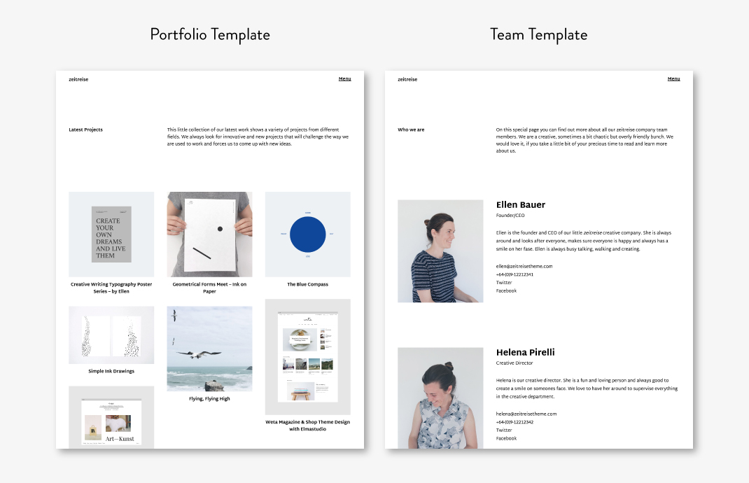 The Portfolio (showing the three-column grid layout) and die Team Page Template.