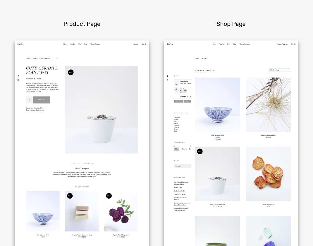 The Hawea WooCommerce shop pages.