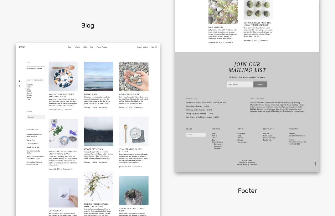 The blog and footer of the Hawea theme.