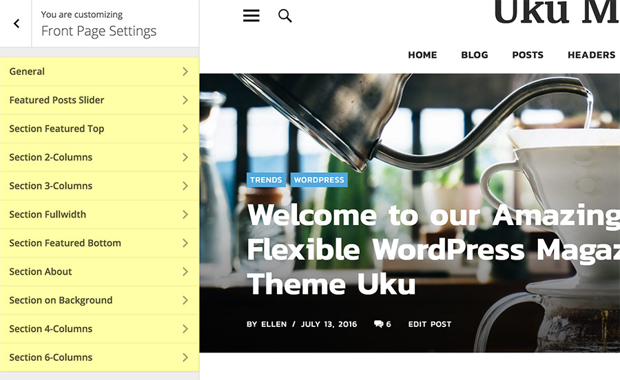 Uku Front page settings in the Customizer.