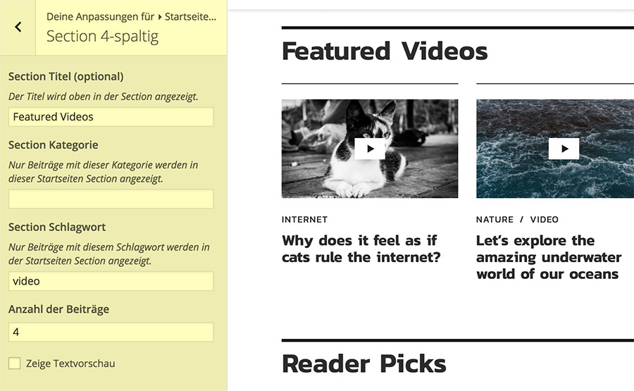 Vier Beiträge mit dem Schlagwort "Videos" in der 4-spaltigen Section.